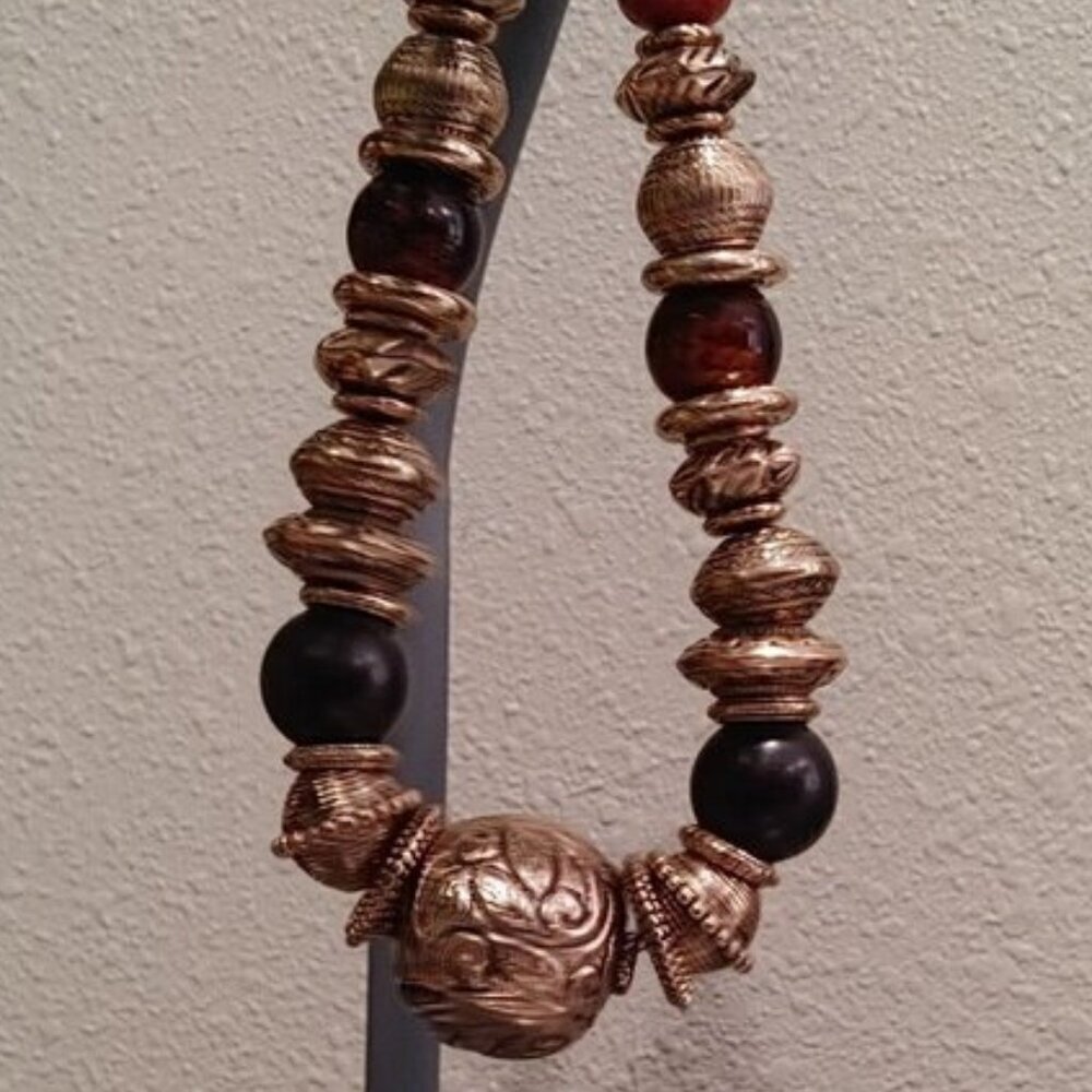 Gold Tone Chunky Statement Beaded Metal Necklace